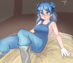 Rule 34 | 1girl, absurdres, blue eyes, blue hair, boots, commentary request, dated, feet out of frame, gloves, hat, hay, highres, kantai collection, maru (marg0613), medium hair, naked overalls, one-hour drawing challenge, overalls, sailor hat, sitting, solo, twitter username, urakaze (kancolle), white gloves