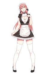 Rule 34 | 1girl, akashi (kancolle), alternate costume, apron, black dress, black footwear, black ribbon, blush, breasts, cleavage, cleavage cutout, clothes pull, clothing cutout, commentary request, dress, dress pull, enmaided, frilled apron, frills, full body, green eyes, hair ribbon, highres, kantai collection, large breasts, long hair, looking at viewer, maid, maid apron, maid headdress, parted lips, pink hair, ribbon, shoes, short sleeves, simple background, skindentation, smile, solo, standing, thighhighs, tress ribbon, waist apron, white apron, white background, white thighhighs, yuuji (and)