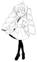 Rule 34 | 1girl, antenna hair, blazer, blush, commentary request, drill hair, full body, greyscale, hair intakes, hand on own hip, jacket, kikai (akita morgue), kuroshio current, loafers, long hair, long sleeves, looking at viewer, monochrome, necktie, one eye closed, open mouth, pantyhose, plantar flexion, pleated skirt, school uniform, shoes, simple background, skirt, smile, solo, thick eyebrows, toudouin mana, twin drills, two side up