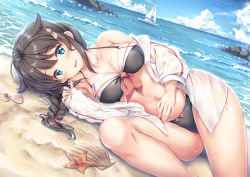 Rule 34 | 1girl, adapted costume, ahoge, beach, bikini, black bikini, blue eyes, blue sky, boat, braid, breasts, brown hair, cleavage, cloud, cloudy sky, collarbone, day, dutch angle, hair flaps, hair ornament, kantai collection, long hair, long sleeves, looking at viewer, lying, medium breasts, ocean, off-shoulder shirt, off shoulder, on side, open clothes, open mouth, open shirt, outdoors, sailboat, sand, seashell, shell, shigure (kancolle), shigure kai ni (kancolle), shirakawako, shirt, shore, sky, smile, solo, starfish, swimsuit, watercraft, waves, wet, wet clothes, wet shirt
