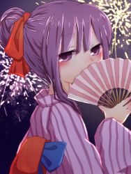 Rule 34 | 1girl, alternate costume, alternate hairstyle, blush, covering own mouth, female focus, hand fan, highres, i yo u, japanese clothes, long sleeves, patchouli knowledge, purple eyes, purple hair, solo, touhou, wide sleeves