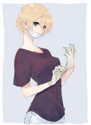 Rule 34 | 1girl, absurdres, bad id, bad twitter id, black shirt, blonde hair, blue eyes, braid, casual, closed mouth, commentary, darjeeling (girls und panzer), girls und panzer, glove pull, gloves, highres, latex, latex gloves, light smile, looking at viewer, mask, mouth mask, pants, shirt, short hair, solo, standing, surgical mask, t-shirt, tsunami samemaru, white gloves, white pants