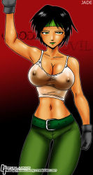 Rule 34 | 1girl, beyond good and evil, black hair, breasts, cleavage, covered erect nipples, gloves, gradient background, green eyes, green lips, headband, jade, large breasts, lipstick, looking at viewer, makeup, midriff, nipples, no bra, red background, see-through, short hair, simple background, solo, tank top