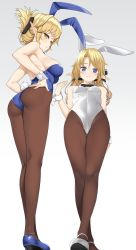 Rule 34 | 10s, 2girls, aegis (takunomi), animal ears, ass, bare arms, bare shoulders, black bow, black bowtie, black legwear, blonde hair, blue eyes, blue footwear, blue leotard, bow, bowtie, breasts, brown legwear, crossed arms, detached collar, elf, fake animal ears, from behind, from below, full body, gradient background, green eyes, grey background, hand on own hip, highleg, highleg leotard, highres, iris (takunomi), leotard, long hair, long legs, looking at viewer, looking back, medium breasts, multiple girls, original, pantyhose, playboy bunny, pointy ears, rabbit ears, rabbit tail, shoes, sideboob, simple background, small breasts, smile, standing, swept bangs, tail, takunomi, white background, white footwear, white leotard, wrist cuffs