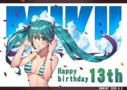 Rule 34 | 1girl, 2020, absurdres, bag, bikini, bikini top only, blue eyes, blue hair, blush, breasts, character name, cleavage, closed mouth, collarbone, dated, floating hair, hair between eyes, happy birthday, hatsune miku, head rest, headphones, highres, kami yuuyako, long hair, medium breasts, microphone, o-ring, o-ring bikini, smile, solo, striped bikini, striped clothes, swimsuit, twintails, underboob, upper body, very long hair, vocaloid