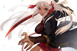 Rule 34 | 1girl, black coat, breasts, coat, commentary request, fate/grand order, fate (series), fighting stance, gaoyang ou nisang, grey eyes, hair ornament, highres, holding, holding sword, holding weapon, katana, large breasts, long hair, long sleeves, looking at viewer, majin saber, okita souji alter (fate), okita souji (fate), okita souji alter (fate), open mouth, pleated skirt, red skirt, skirt, solo, standing, sword, tassel, weapon, white hair