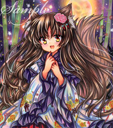 Rule 34 | 1girl, animal ears, blush, brown hair, dress, frilled sleeves, frills, imaizumi kagerou, long hair, long sleeves, open mouth, rui (sugar3), sample watermark, smile, solo, tail, touhou, traditional media, upper body, watermark, white dress, wide sleeves, wolf ears, wolf tail, yellow eyes