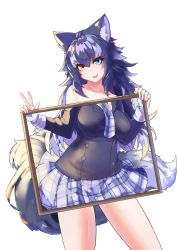 Rule 34 | 1girl, absurdres, animal ear fluff, animal ears, bare legs, blue eyes, blue hair, boy (pixiv17542438), breast pocket, breasts, buttons, collarbone, covering privates, cowboy shot, fang, gloves, grey wolf (kemono friends), hair between eyes, hands up, heterochromia, highres, holding, jacket, kemono friends, large breasts, long hair, long sleeves, looking at viewer, multicolored hair, necktie, nude, open mouth, plaid, plaid necktie, plaid neckwear, plaid skirt, pocket, purple hair, simple background, skirt, smile, solo, standing, tail, two-tone hair, v, white background, white gloves, white hair, wolf ears, wolf girl, wolf tail, yellow eyes