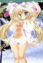 Rule 34 | 1girl, absurdres, animal ears, areola slip, blonde hair, bow, casual one-piece swimsuit, center opening, flat chest, green eyes, hair bow, highres, one-piece swimsuit, rabbit ears, raidon, see-through, swimsuit, thigh gap, twintails