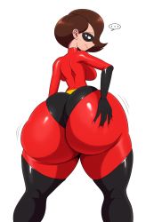 Rule 34 | 1girl, ass, ass conscious, ass grab, bodysuit, boots, breasts, brown eyes, brown hair, cameltoe, costume, curvy, domino mask, elastigirl, eric lowery, female focus, from behind, gloves, helen parr, highres, huge ass, large breasts, latex, latex gloves, latex suit, legs, looking at viewer, mask, mature female, short hair, simple background, skin tight, standing, sweat, the incredibles, thighhighs, wide hips