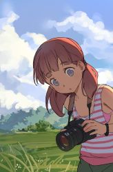 Rule 34 | 1girl, bare shoulders, blue eyes, blue sky, bracelet, brown hair, camera, cloud, cloudy sky, commentary, day, field, grass, highres, jewelry, leaning to the side, looking at viewer, low twintails, original, outdoors, shirt, sky, sleeveless, sleeveless shirt, solo, striped clothes, striped shirt, timbougami, twintails
