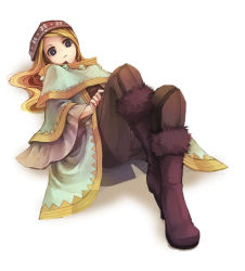 Rule 34 | 1girl, atlus, bad id, bad pixiv id, blonde hair, blue eyes, boots, cloak, constricted pupils, etrian odyssey, full body, fur, hat, high heels, long hair, lying, on back, pepeko, rune master, rune master (sekaiju), sekaiju no meikyuu, sekaiju no meikyuu 4, shoes, simple background, solo, white background