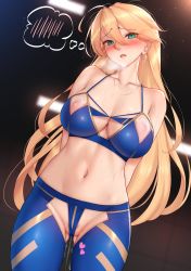 Rule 34 | 1girl, absurdres, ahoge, artoria pendragon (fate), artoria pendragon (lancer) (fate), blonde hair, blush, breasts, cleavage, cleft of venus, covered erect nipples, fate (series), female pubic hair, genkung, green eyes, hair between eyes, hair down, heavy breathing, highres, large breasts, long hair, looking at viewer, partially visible vulva, pubic hair, revealing clothes, solo