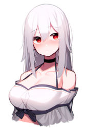 Rule 34 | 1girl, absurdres, ahoge, arknights, bare shoulders, beudelb, blush, breasts, cleavage, collarbone, commentary, cropped torso, glass, hair between eyes, highres, korean commentary, long hair, looking at viewer, medium breasts, no headwear, off-shoulder shirt, off shoulder, official alternate costume, red eyes, shirt, short sleeves, silver hair, simple background, skadi (arknights), skadi (waverider) (arknights), solo, upper body, white background, white shirt