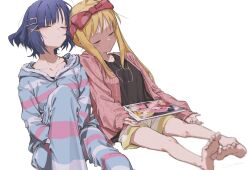 Rule 34 | 2girls, apple print, bare legs, barefoot, black shirt, blonde hair, blue hair, blurry, bocchi the rock!, bow, cardigan, closed eyes, collarbone, commentary, depth of field, hair bow, hair ornament, highres, hood, ijichi nijika, knee up, leaning on person, multiple girls, pajamas, pink cardigan, record, shirt, sidelocks, sleeping, soles, striped clothes, striped pajamas, white background, x hair ornament, yamada ryo, yo na