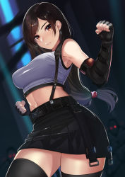 Rule 34 | 1girl, absurdres, arm guards, armpits, belt, black hair, black skirt, black thighhighs, clenched hands, fighting stance, final fantasy, final fantasy vii, final fantasy vii remake, fingerless gloves, gloves, highres, kagematsuri, long hair, looking at viewer, low-tied long hair, midriff, monster, navel, pleated skirt, skirt, sleeveless, solo, stomach, suspender skirt, suspenders, tank top, thighhighs, tifa lockhart, zettai ryouiki
