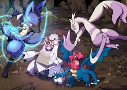 Rule 34 | absurdres, cave, claws, crack, cracked floor, creatures (company), druddigon, duraludon, energy ball, fangs, game freak, gen 4 pokemon, gen 5 pokemon, gen 8 pokemon, highres, incoming attack, lucario, midair, mienshao, nintendo, open mouth, pokemon, pokemon (creature), powering up, q-chan, red eyes, rock, skin fangs, standing, yellow eyes