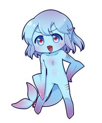 Rule 34 | 1girl, :d, blue eyes, blue hair, blue sclera, blue skin, chibi, colored sclera, colored skin, fang, filet (kai himo), fins, fish tail, full body, gills, gradient hair, hand on own hip, head fins, kai himo, legs apart, looking at viewer, monster girl, multicolored hair, no feet, no hands, no nipples, no pussy, open mouth, original, pink hair, red pupils, short hair, simple background, smile, solo, standing, tail, white background