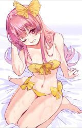 Rule 34 | 1girl, alternate costume, arm support, atelier (series), atelier lydie &amp; suelle, bare shoulders, barefoot, bikini, blush, bow, breasts, collarbone, commentary request, full body, hair bow, hand on own head, highres, large breasts, long hair, looking at viewer, navel, one eye closed, pink eyes, pink hair, ryuuno6, sitting, smile, solo, suelle marlen, swimsuit, wariza, yellow bikini, yellow bow