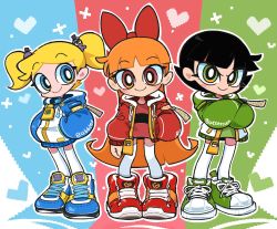 Rule 34 | 3girls, black hair, blonde hair, blossom (ppg), bubbles (ppg), buttercup (ppg), highres, hood, hoodie, kim crab, looking at viewer, multiple girls, octi, orange hair, powerpuff girls, powerpuff girls z, shoes, sneakers, socks, thighhighs, tomboy