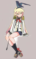 Rule 34 | 1girl, black hairband, black skirt, black socks, blonde hair, blush, brown background, buttons, closed mouth, collared shirt, cosplay, double-breasted, epaulettes, gloves, grey shirt, hair between eyes, hairband, jacket, kantai collection, kashima (kancolle), kashima (kancolle) (cosplay), kerchief, kitsuneno denpachi, kneehighs, long hair, long sleeves, military, military uniform, pleated skirt, shimakaze (kancolle), shirt, simple background, skirt, smile, socks, solo, uniform, white gloves, white jacket, yellow eyes