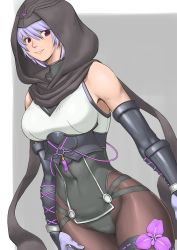 Rule 34 | 1girl, arm guards, armor, ayane (doa), bare shoulders, black pantyhose, bodysuit, breasts, closed mouth, covered navel, dead or alive, dead or alive 6, elbow gloves, flower, gloves, highres, hood, hood up, medium breasts, ninja, pantyhose, pink flower, purple hair, red eyes, shigenobu, simple background, smile, solo, standing, tecmo, thigh strap