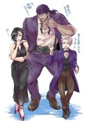 1girl 2boys berengaria_(unicorn_overlord) black_dress black_hair breasts brown_pants bruno_(unicorn_overlord) cleavage commentary_request dress eyelashes formal_clothes hair_over_one_eye high_heels highres large_breasts medium_hair multiple_boys open_mouth pants purple_bandana purple_suit red_footwear short_hair suit sweat translation_request travis_(unicorn_overlord) unicorn_overlord white_hair yk_(waikeee)