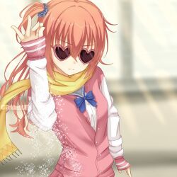 Rule 34 | 1girl, arm at side, blue bow, blue scrunchie, blurry, blurry background, bow, breasts, closed mouth, commentary request, crossed bangs, day, frown, hair between eyes, hair ornament, hair scrunchie, hand up, heart, heart-shaped eyewear, inaba meguru, indoors, jacket, long hair, meme, one side up, orange hair, pink jacket, salt bae (meme), sanoba witch, scarf, school uniform, scrunchie, serious, sleeves past wrists, small breasts, solo, sunglasses, tokisakijp, twitter username, upper body, wavy hair, white sleeves, yellow scarf
