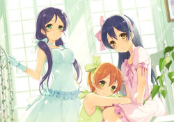 Rule 34 | 10s, 3girls, 6u (eternal land), backlighting, bad id, bad pixiv id, bare arms, bare shoulders, blue hair, bow, brown hair, choker, dress, dutch angle, gloves, green dress, green eyes, hair bow, hair ribbon, hoshizora rin, light rays, lily white (love live!), long hair, looking at viewer, love live!, love live! school idol project, low twintails, multiple girls, pink dress, plant, puffy short sleeves, puffy sleeves, purple hair, ribbon, short hair, short sleeves, sitting, sleeveless, sleeveless dress, smile, sonoda umi, sunbeam, sunlight, tojo nozomi, twintails, very long hair, white dress, white gloves, window, yellow eyes