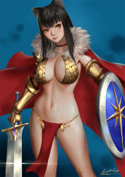 Rule 34 | animal ears, ariverkao, armor, bikini, bikini armor, black hair, black panties, blue background, breasts, brown eyes, cape, cat girl, choker, closed mouth, dated, feather trim, gauntlets, large breasts, lips, long hair, looking to the side, original, panties, pelvic curtain, shield, signature, simple background, solo, standing, swimsuit, sword, underwear, weapon
