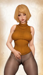 Rule 34 | 1girl, arm behind back, ashley graham, bare arms, bare shoulders, blonde hair, breasts, brown pantyhose, cowboy shot, freli, gluteal fold, hand on own stomach, highres, lips, looking at viewer, medium breasts, one eye closed, orange sweater, pantyhose, parted lips, resident evil, resident evil 4, short hair, signature, sleeveless, sleeveless turtleneck, solo, spread legs, sweater, turtleneck, yellow eyes
