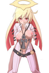 Rule 34 | 1boy, 1girl, ankh, blonde hair, breast lift, breasts, clothed sex, spiked halo, deep skin, grabbing, grabbing from behind, guilty gear, halo, hetero, highres, infraton, jack-o&#039; valentine, long hair, looking at viewer, nipples, penis, red eyes, saliva, sex, simple background, solo focus, thighs, unaligned breasts, uncensored, vaginal, white background