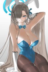 Rule 34 | 1girl, aaajun 0, absurdres, animal ears, arm behind head, arm support, arm up, asuna (blue archive), asuna (bunny) (blue archive), bare shoulders, black pantyhose, blue archive, blue bow, blue bowtie, blue eyes, blue leotard, blue ribbon, bow, bowtie, breasts, cleavage, collar, commentary request, covered navel, detached collar, elbow gloves, eyelashes, fake animal ears, gloves, grey background, grin, hair over one eye, hair ribbon, halo, hand in own hair, highleg, highleg leotard, highres, korean commentary, large breasts, leotard, light brown hair, long bangs, long hair, looking at viewer, official alternate costume, one eye covered, pantyhose, playboy bunny, rabbit ears, ribbon, sidelocks, simple background, sitting, smile, solo, strapless, strapless leotard, teeth, thighband pantyhose, thighs, very long hair, white collar, white gloves, wing collar