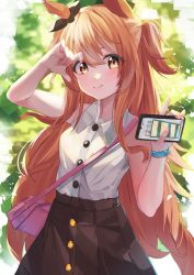 Rule 34 | alternate costume, animal ears, arm up, bag, blurry, blurry background, blush, breasts, casual, cellphone, commentary request, hair ornament, handbag, highres, horse ears, horse girl, long hair, looking at viewer, mayano top gun (umamusume), minertime, orange hair, phone, sleeveless, small breasts, smile, umamusume, yellow eyes