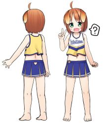 Rule 34 | 1girl, :d, ?, ahoge, animal ears, bare arms, bare shoulders, barefoot, blue skirt, blush, brown hair, cheerleader, clothes writing, collarbone, commentary request, crop top, dog ears, fang, feet, green eyes, hand up, head tilt, inuarashi, looking at viewer, meiko (inuarashi), multiple views, navel, open mouth, original, pleated skirt, shirt, short hair, simple background, skirt, sleeveless, sleeveless shirt, smile, spoken question mark, standing, toenails, toes, v, white background