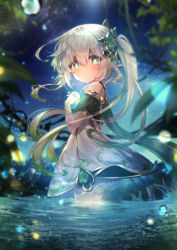 Rule 34 | 1girl, absurdres, bare shoulders, blurry, cross-shaped pupils, depth of field, detached sleeves, dress, floating hair, genshin impact, green eyes, green hair, hair ornament, highres, leaf, leaf hair ornament, long hair, looking at viewer, nahida (genshin impact), night, night sky, parted lips, plant, short dress, short sleeves, shouna mitsuishi, side ponytail, sky, solo, star (sky), starry sky, symbol-shaped pupils, wading, water, water drop, white hair