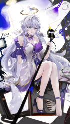 Rule 34 | 1girl, bare shoulders, blue eyes, breasts, cat23, choker, commentary request, detached sleeves, dress, gloves, grey hair, high heels, highres, holding, honkai: star rail, honkai (series), long hair, medium breasts, purple choker, purple dress, robin (honkai: star rail), shoes, short sleeves, single glove, single shoe, sitting, solo, strapless, strapless dress, two-tone dress, very long hair, white dress, white gloves