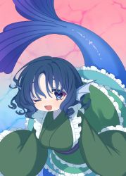 Rule 34 | 1girl, ;d, absurdres, blue eyes, blue hair, blush, breasts, commentary request, drill hair, drill sidelocks, e sdss, fins, frills, gradient background, green kimono, head fins, highres, japanese clothes, kimono, large breasts, long sleeves, looking at viewer, mermaid, monster girl, obi, one eye closed, open mouth, sash, short hair, sidelocks, smile, solo, touhou, wakasagihime, wide sleeves