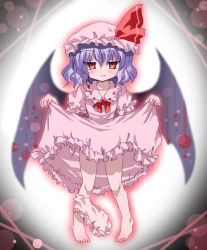 Rule 34 | 1girl, bad id, bad pixiv id, barefoot, bat wings, bloomers, blue hair, clothes lift, dress, dress lift, feet, female focus, hat, hizukiryou, purple hair, red eyes, remilia scarlet, solo, touhou, underwear, wings