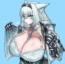 Rule 34 | 1girl, animal ears, between breasts, blue eyes, blue hair, bra, breasts, cat ears, closed mouth, dobrynya nikitich (fate), downblouse, fate/grand order, fate (series), gloves, huge breasts, jacket, lace, lace-trimmed bra, lace trim, looking at viewer, maaboo harusame, necktie, necktie between breasts, open clothes, open jacket, open shirt, shiny skin, sweat, sweatdrop, underwear, upper body, white hair