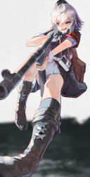 Rule 34 | 1girl, absurdres, aiming, armband, bag, black shirt, black socks, blue eyes, boots, camera, chadlink, commentary request, commission, cross-laced footwear, full body, garrison cap, girls&#039; frontline, grey hair, gun, hair between eyes, hair ornament, hairclip, hat, highres, holding, holding gun, holding weapon, lace-up boots, military, military hat, military uniform, mp41, mp41 (girls&#039; frontline), open mouth, pixiv commission, shirt, short hair, short sleeves, shoulder bag, skirt, socks, solo, submachine gun, uniform, weapon, white skirt, wrist cuffs