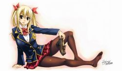 Rule 34 | 1girl, blonde hair, brown eyes, fairy tail, feet, gradient background, looking at viewer, lucy heartfilia, mashima hiro, miniskirt, no shoes, official art, pantyhose, school uniform, shoes, unworn shoes, skirt, solo, tagme