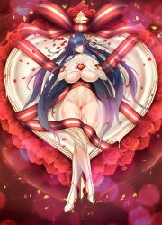 Rule 34 | 1girl, absurdres, akiyama rinko, bare shoulders, blue hair, bodysuit, boots, breast press, breasts, breasts out, covered navel, crossed legs, crown, curvy, detached collar, elbow gloves, flower, flower bed, full body, gloves, happy valentine, heart, heart hands, heart pendant, high heels, highleg, highleg leotard, highres, huge breasts, lens flare, leotard, light particles, long hair, looking at viewer, lying, natsume reiji, on back, petal censor, petals, purple eyes, revealing clothes, ribbon, ribbon trim, rose, rose petals, shiny skin, skin tight, smile, solo, taimanin (series), taimanin yukikaze, thick thighs, thighs, thong leotard, valentine, very long hair, white footwear, white gloves, white legwear, white leotard, wind
