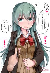 Rule 34 | 1girl, absurdres, artist name, baileys (tranquillity650), blush, breasts, brown cardigan, brown skirt, buttons, cardigan, collared shirt, flying sweatdrops, green eyes, green hair, hair between eyes, hair ornament, hairclip, heart, highres, kantai collection, long hair, long sleeves, medium breasts, motion lines, neck ribbon, open cardigan, open clothes, open mouth, red ribbon, ribbon, shirt, signature, simple background, skirt, solo, speech bubble, suzuya (kancolle), suzuya kai ni (kancolle), translation request, twitter username, upper body, white background, white shirt