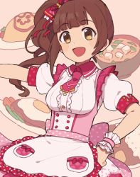 Rule 34 | 1girl, :d, apron, bad id, bad twitter id, bow, bowl, brown eyes, brown hair, collar, collared dress, commentary, costume request, dress, food, frilled apron, frilled collar, frilled neckwear, frills, gomi (kaiwaresan44), hair bow, hair ribbon, hand on own hip, idolmaster, idolmaster cinderella girls, igarashi kyoko, large bow, maid apron, necktie, open mouth, pink apron, pink bow, pink dress, pink necktie, polka dot, polka dot dress, puffy sleeves, red bow, ribbon, short dress, side ponytail, smile, solo, soup, standing, upper body, wristband