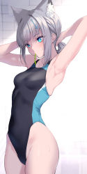 Rule 34 | 1girl, animal ear fluff, animal ears, armpits, arms behind head, arms up, bad id, bad twitter id, bare arms, blue archive, blue eyes, breasts, competition swimsuit, cowboy shot, cross hair ornament, fukai ryosuke, grey hair, hair ornament, hair tie in mouth, highleg, highleg swimsuit, highres, mismatched pupils, mouth hold, one-piece swimsuit, shiroko (blue archive), shiroko (swimsuit) (blue archive), sidelocks, small breasts, solo, swimsuit, two-tone swimsuit, tying hair, wet, white background