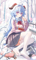 Rule 34 | 1girl, absurdres, ahoge, alternate costume, blue hair, book, bow, bowtie, cellphone, chinese commentary, closed mouth, commentary request, contemporary, crossed legs, feet, full body, ganyu (genshin impact), genshin impact, goat horns, gou lianlian dogface, gradient eyes, grey skirt, hair between eyes, hand up, highres, holding, holding book, horns, jacket, leaning to the side, long hair, long sleeves, looking at viewer, multicolored eyes, no shoes, open clothes, open jacket, paid reward available, paper, pencil case, phone, pink jacket, pleated skirt, pom pom (clothes), purple eyes, red bow, red bowtie, ribbed shirt, scarf, school uniform, see-through, see-through legwear, shirt, sidelocks, skirt, sleeves past wrists, smartphone, smile, snow, snowman, soles, solo, thighhighs, thighs, toes, tree, white scarf, white thighhighs, winter, zhongli (genshin impact)