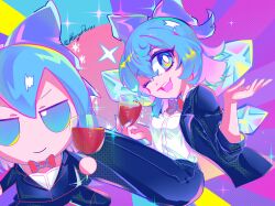 Rule 34 | 1girl, absurdres, alcohol, alternate costume, black jacket, black pants, black suit, blue bow, blue eyes, blue hair, bow, bowtie, cirno, cup, drinking glass, formal, fumo (doll), hair bow, highres, holding, holding cup, ice, ice wings, jacket, karyodares, long sleeves, one eye closed, open clothes, open jacket, open mouth, pants, red bow, red bowtie, shirt, short hair, solo, suit, touhou, twitter username, white shirt, wine, wine glass, wings