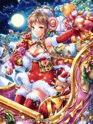 Rule 34 | 1girl, bare shoulders, bow, braid, breasts, brown eyes, christmas, cleavage, elbow gloves, flower, gift, gloves, hair bun, hair flower, hair ornament, hobak, holding, holding gift, holly, looking at viewer, moon, night, official art, ornament, outdoors, red gloves, red thighhighs, single hair bun, sitting, sleigh, smile, solo, stuffed animal, stuffed reindeer, stuffed toy, teddy bear, tenka touitsu chronicle, thighhighs, tree, twin braids, watermark, white bow, wreath, yellow bow