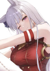 Rule 34 | 1girl, absurdres, animal ears, armband, armpits, bare shoulders, blunt bangs, blush, bow, breasts, buttons, commentary request, double-breasted, dress, ear bow, gloves, gold ship (umamusume), grey hair, grin, highres, hime cut, horse ears, horse girl, large breasts, long hair, looking at viewer, mino (mii mt), no headwear, one eye closed, purple bow, purple eyes, red dress, simple background, sleeveless, sleeveless dress, smile, solo, twitter username, umamusume, upper body, white background, white gloves